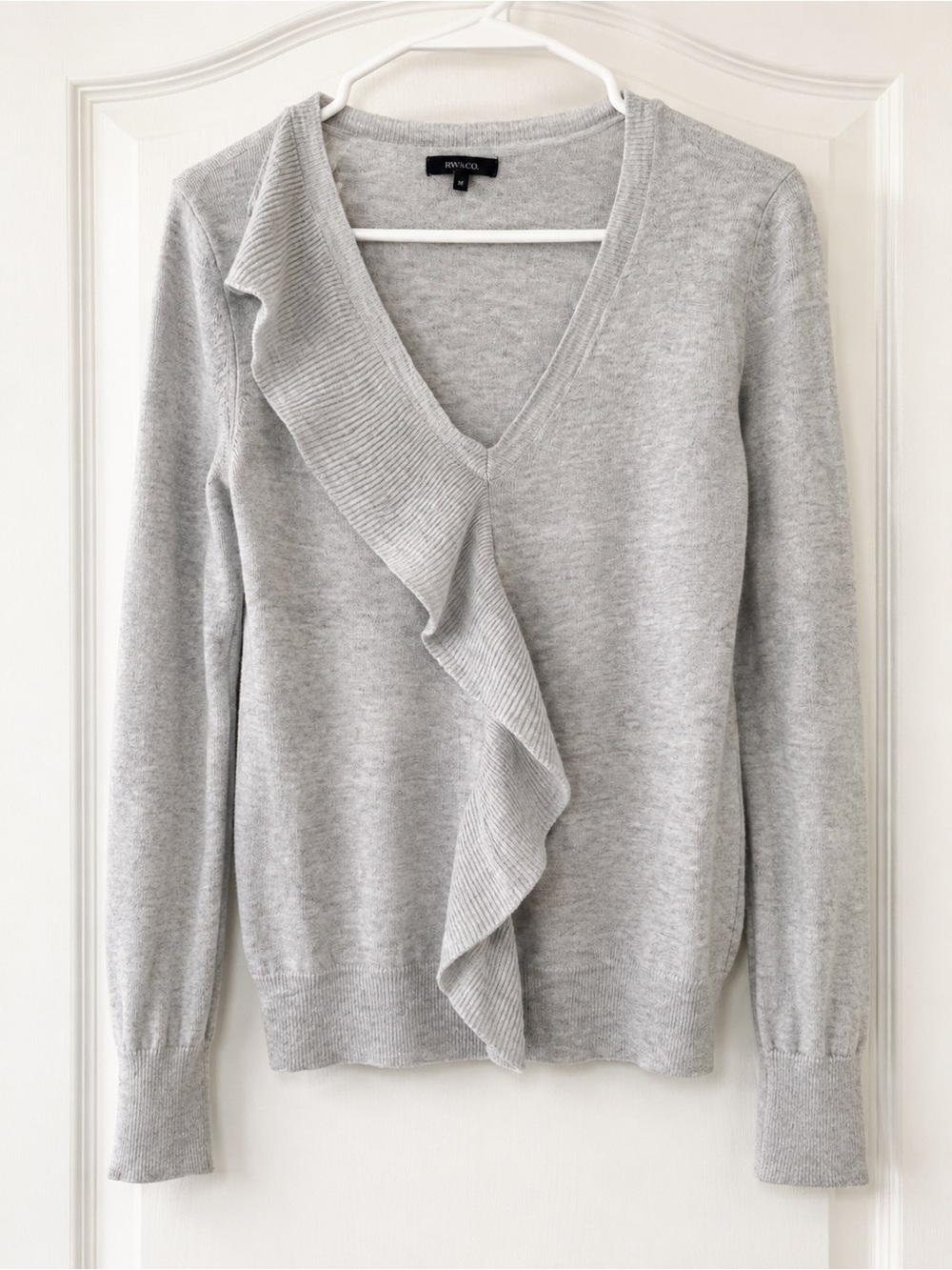 RW&CO. Light Gray V-Neck Sweater with Ruffle Detail